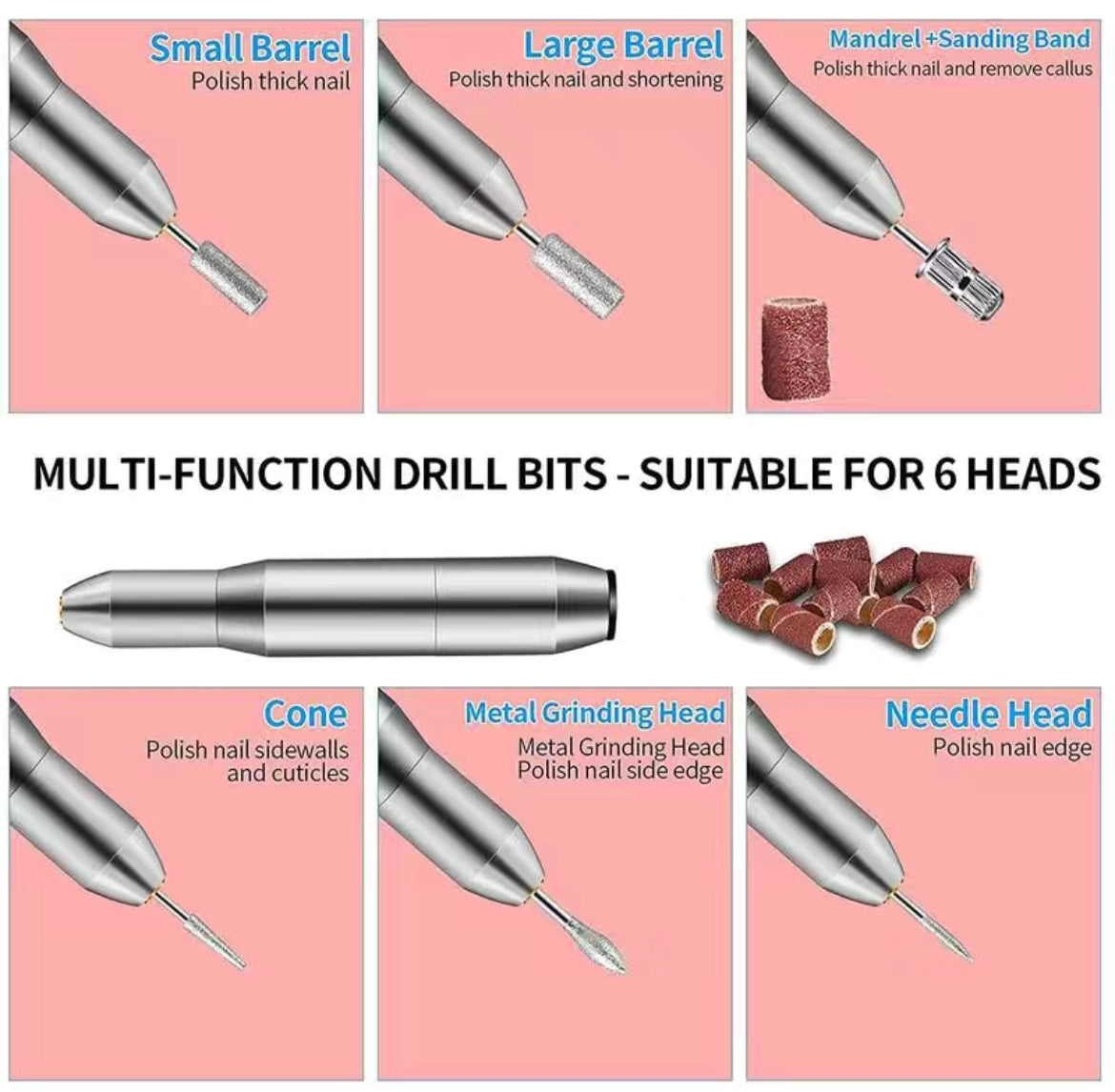 Electric Nail Drill Set,DELIFO Electric Portable Nail File Drills Kit With 6 Heads & 6 Sanding Bands, Professional Manicure Pedicure Machine Tools For Acrylic Nails, Polishing Shape, USB Rechargeable